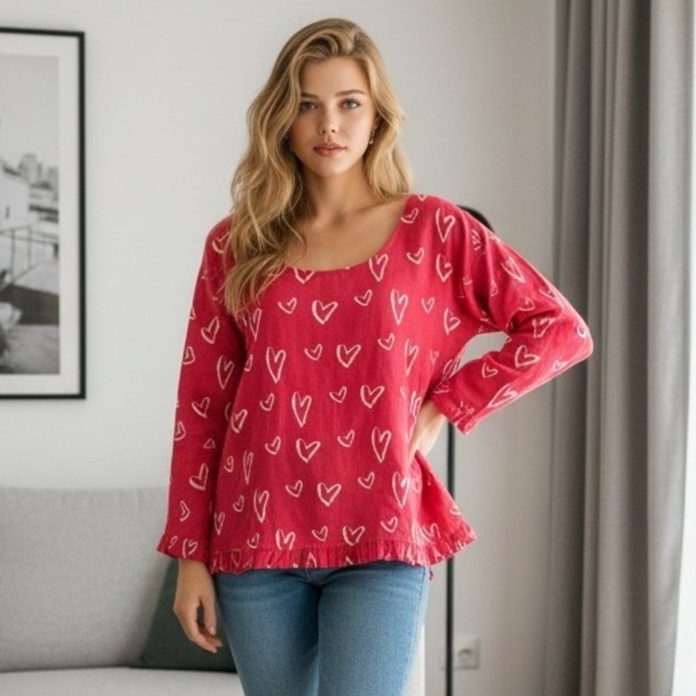 Cynthia Rowley Red Heart Print Ruffle Trim‎ Top Blouse Women's Size M Linen NEW